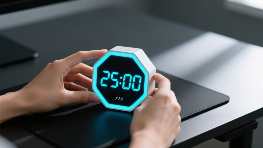Hands holding a hexagonal digital timer with a glowing LED display counting down from twenty-five minutes on a dark desk mat.