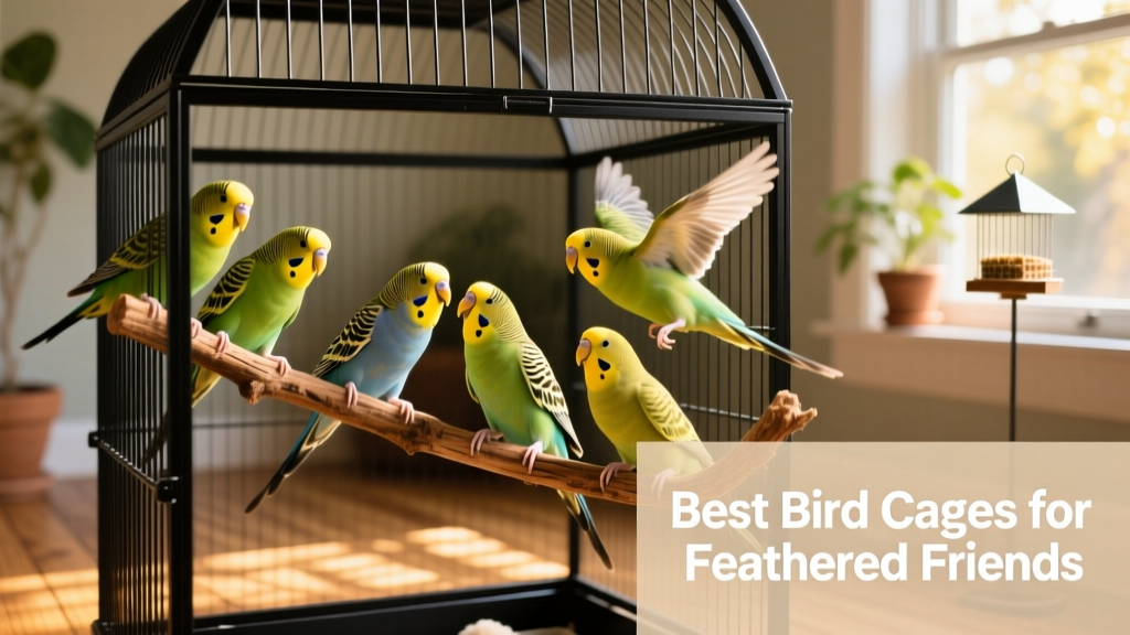 A group of cheerful budgies perching and playing inside a spacious black metal cage with wooden perches