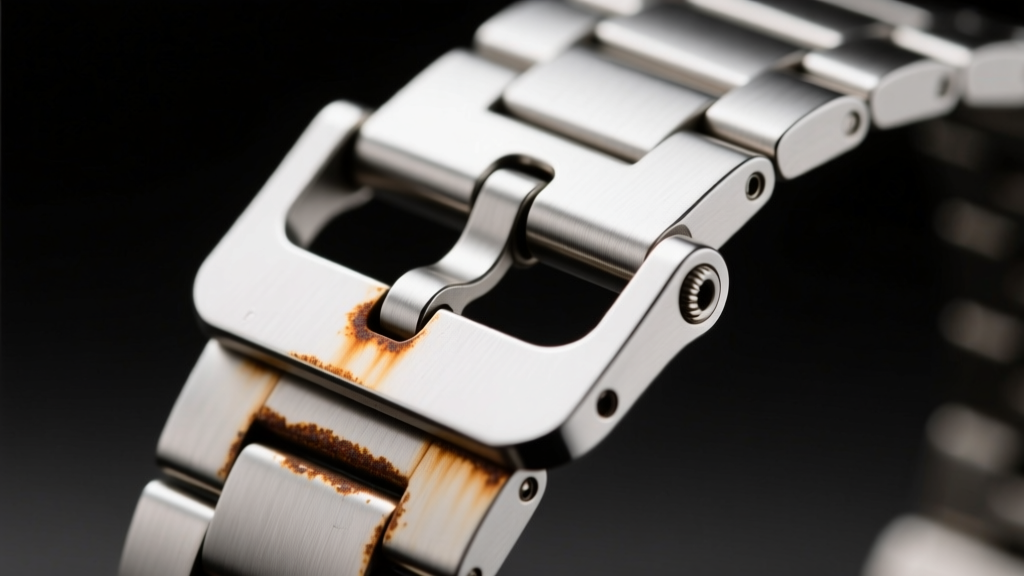 Close-up of a stainless steel quick-release spring bar mechanism on a smartwatch strap showing minor oxidation from sweat exposure