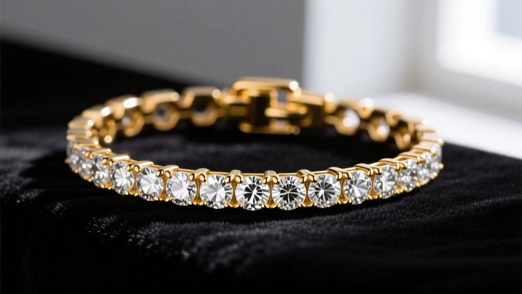 Macro shot of 18k gold diamond bracelet on dark velvet, soft light highlighting brilliant facets and a secure gold clasp detail