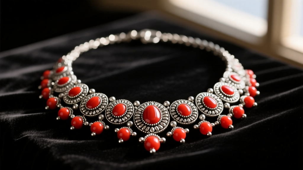 Vintage silver Sinahi necklace featuring intricate granulation and red coral cabochons on dark velvet under warm studio lighting