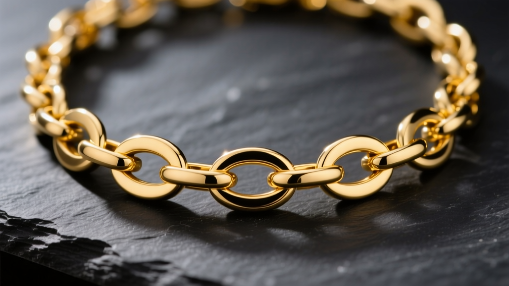 Close-up of a solid 14k yellow gold necklace figaro chain on dark slate, highlighting the three-round-one-oval link pattern.