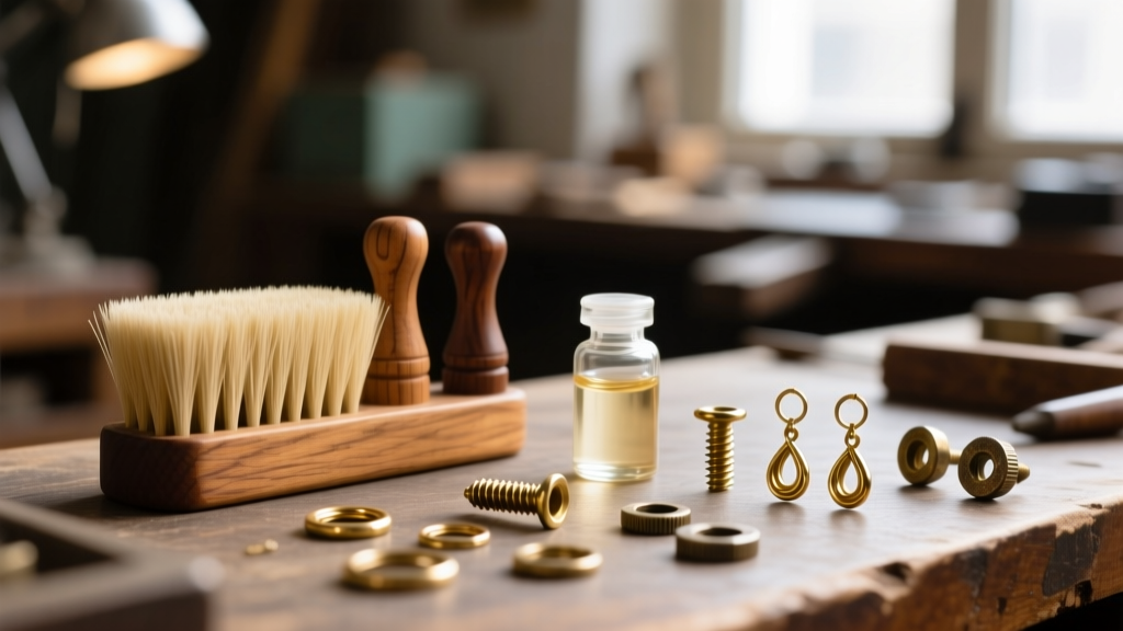 Jeweler workbench showing a soft brass brush, wooden pegs, and micro-lubricant next to vintage threaded earring parts
