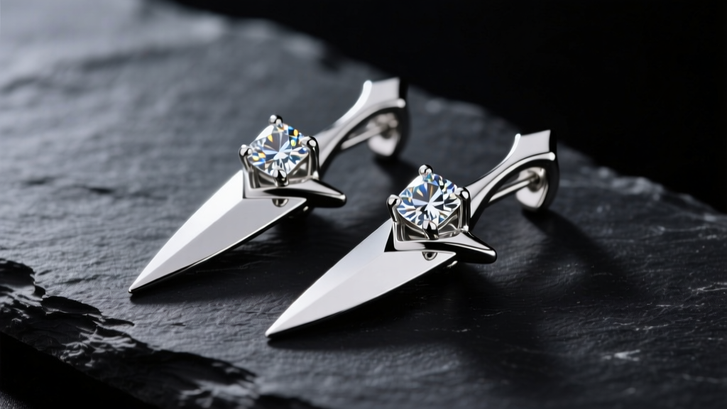Sterling silver dagger earrings on dark slate, showing sharp edges and cubic zirconia gems under soft studio lighting.