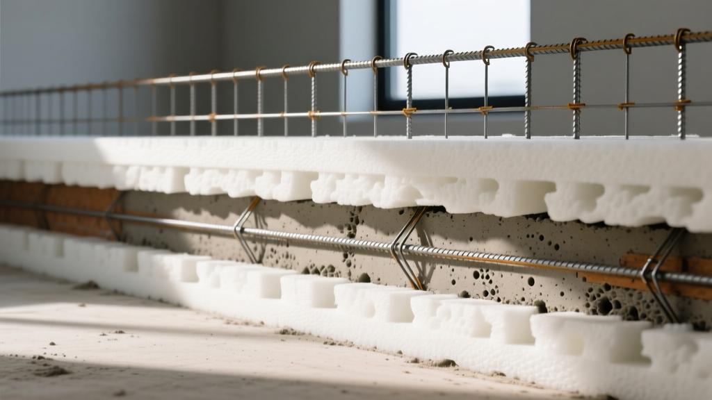 Cross-section of an ICF concrete wall showing rebar grid, EPS foam insulation layers, and poured core in a residential build