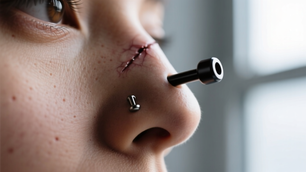 Close-up of a healed nose bridge piercing featuring a matte black anodized titanium surface barbell resting smoothly on the skin