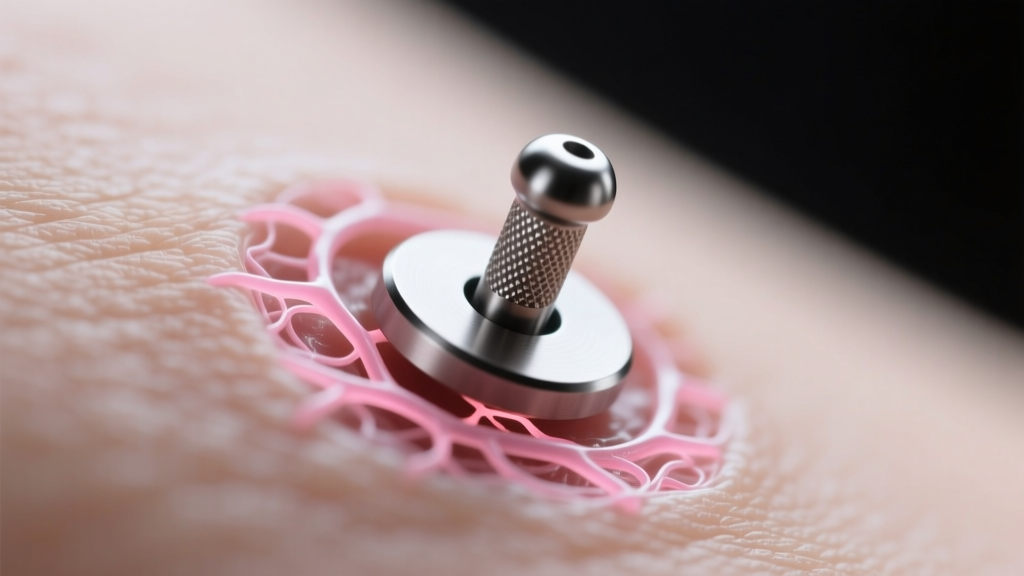 Macro view of a matte titanium dermal anchor on skin, showing biocompatible metal texture and healthy healing tissue edges.