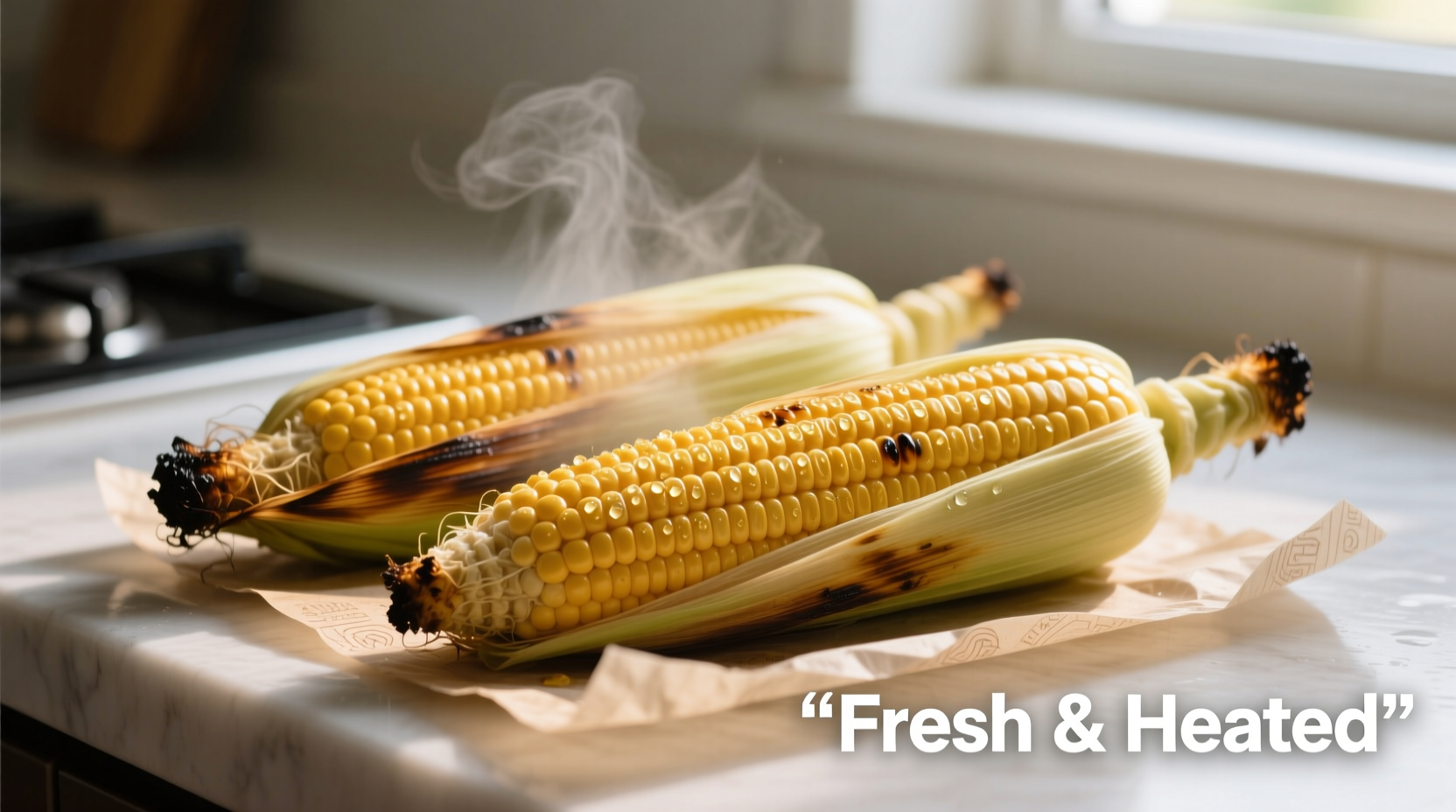 Fresh corn cobs cooked in microwave with husks removed