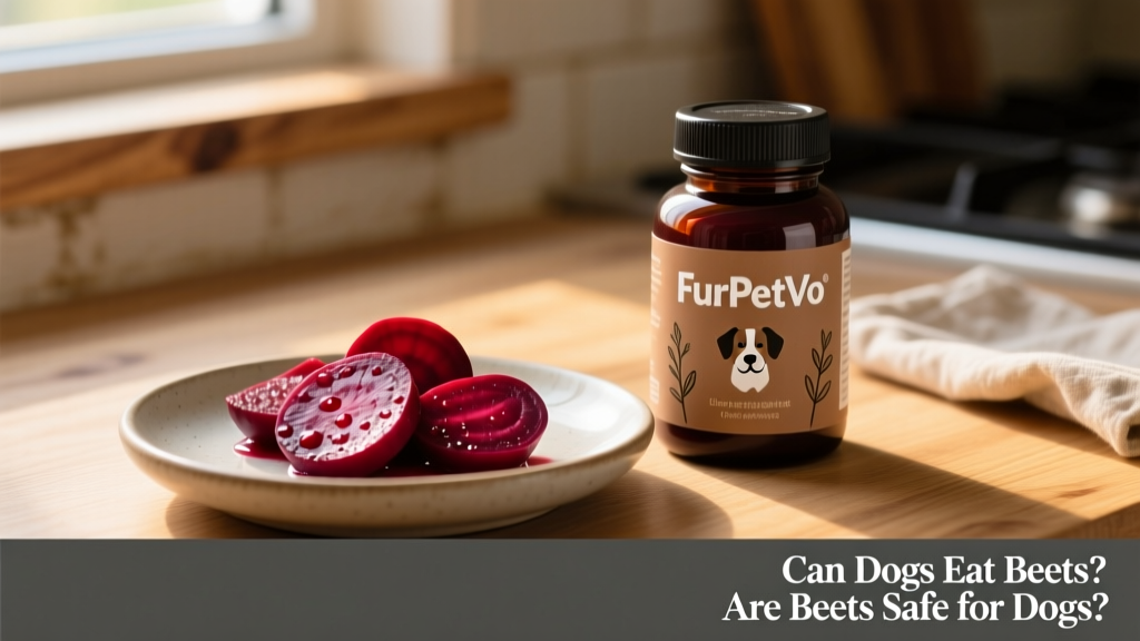 FurPetVo branded dog supplement bottle next to a small portion of cooked beets on a ceramic dish