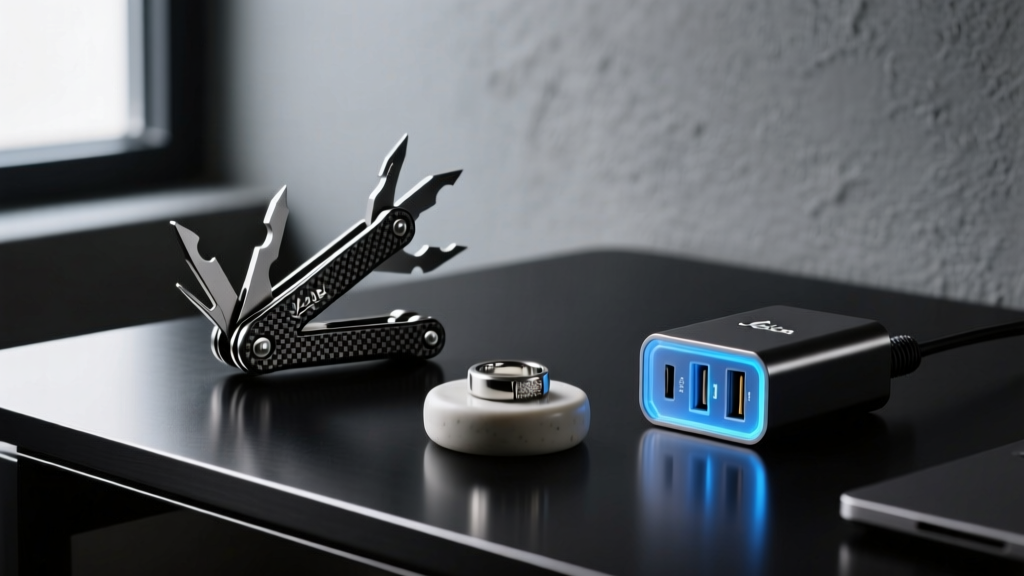 A sleek, matte-black titanium desk setup featuring a graphene-coated multi-tool, a smart ring, and a modular GaN charger in moody lighting.