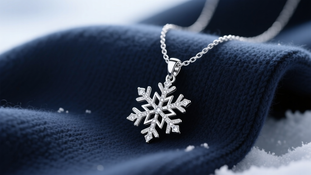 A .925 sterling silver snowflake pendant on a delicate cable chain resting on dark navy cashmere in soft, diffused winter lighting.