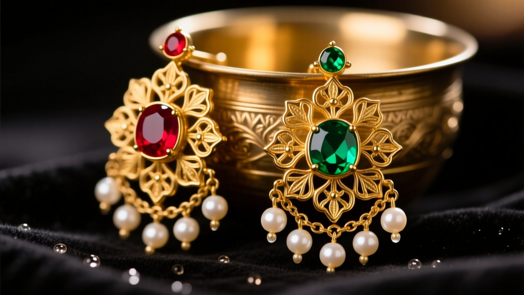 Close-up of traditional South Indian gold Koppu earrings featuring red and green Kemp stones and dangling pearl chains on velvet.