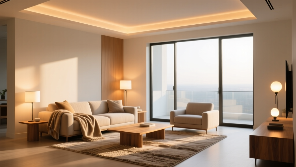 Philips Hue White and Color Ambiance smart bulbs illuminating a cozy living room space with warm adjustable tones