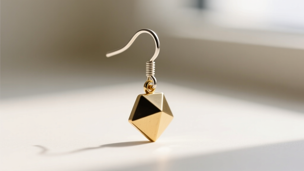 Side profile of a handmade earring showing weight balance between an 18-gauge titanium post and a small geometric brass pendant.