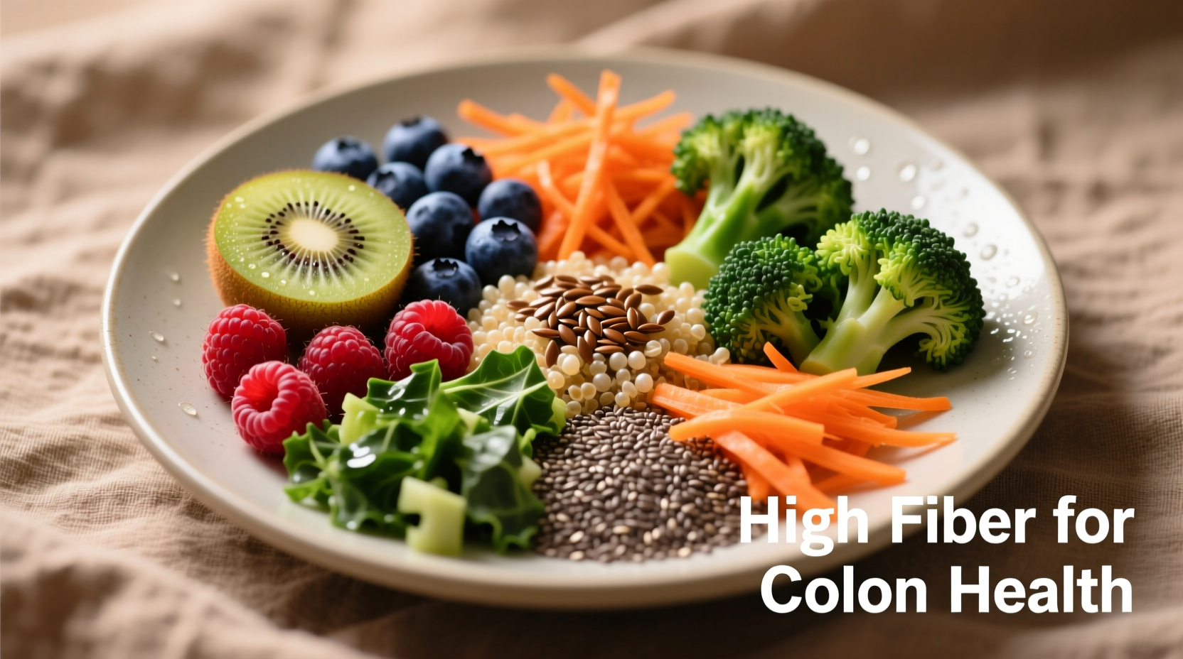Colorful plate of high-fiber foods for colon health