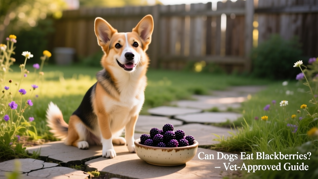 Happy medium-sized dog sitting beside a small dish of fresh blackberries