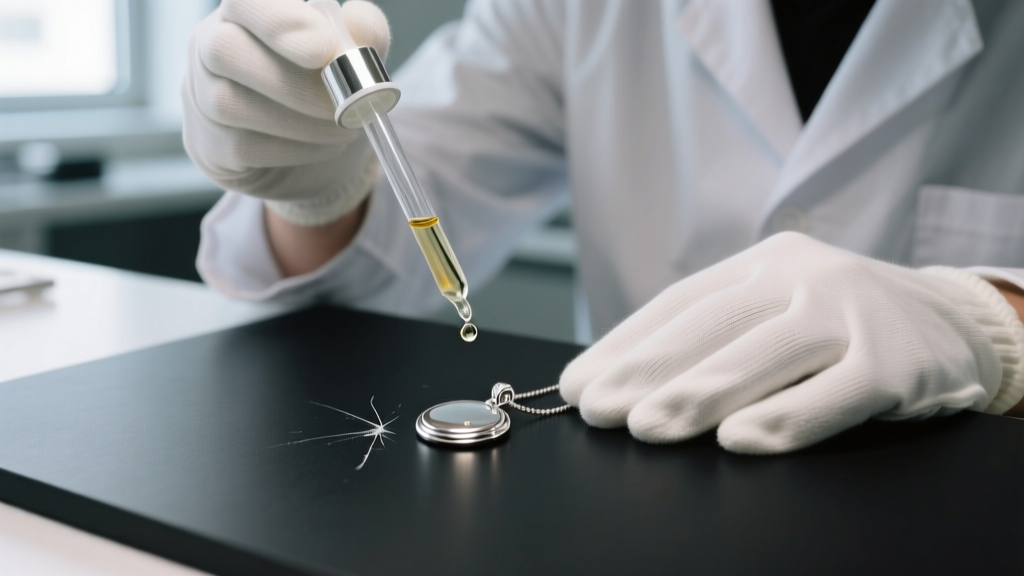 Jeweler applying a drop of nitric acid testing solution to a discreet scratch on a 925 silver pendant to verify sterling content.