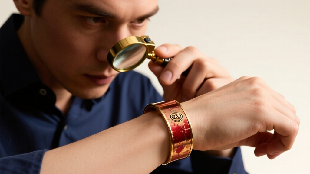 Jeweler using a loupe to inspect a hallmark on the inner band of an uncoated red brass cuff bracelet under warm studio lighting.