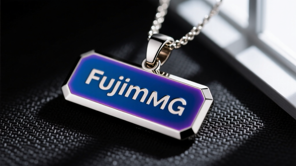 Macro photography of a PVD-coated stainless steel nameplate pendant showing the precise laser-cut kerf and polished beveled edges