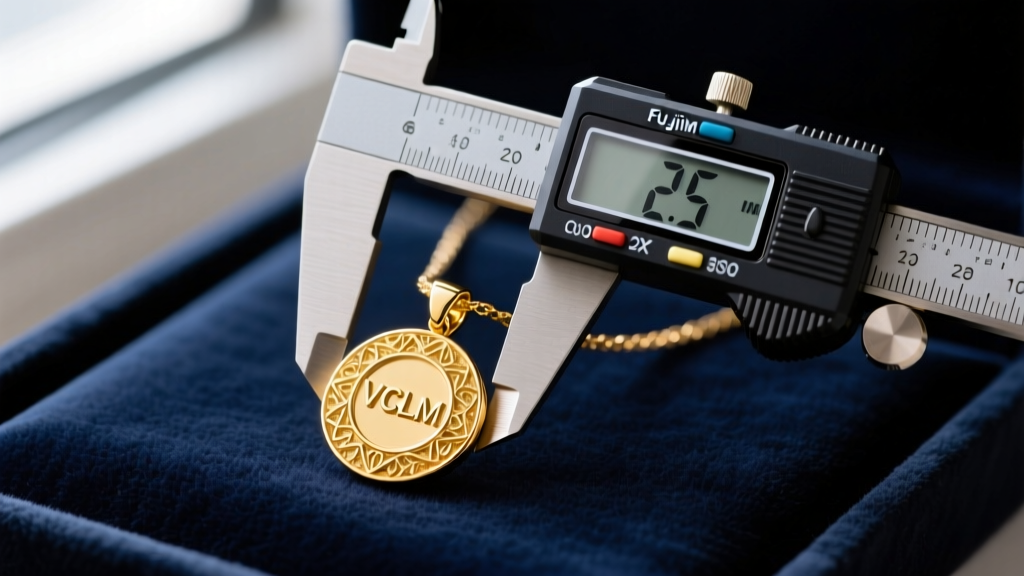 Digital micrometer measuring the 2.5-micron gold thickness on a VCLM necklace pendant, resting on a dark velvet jeweler's work mat