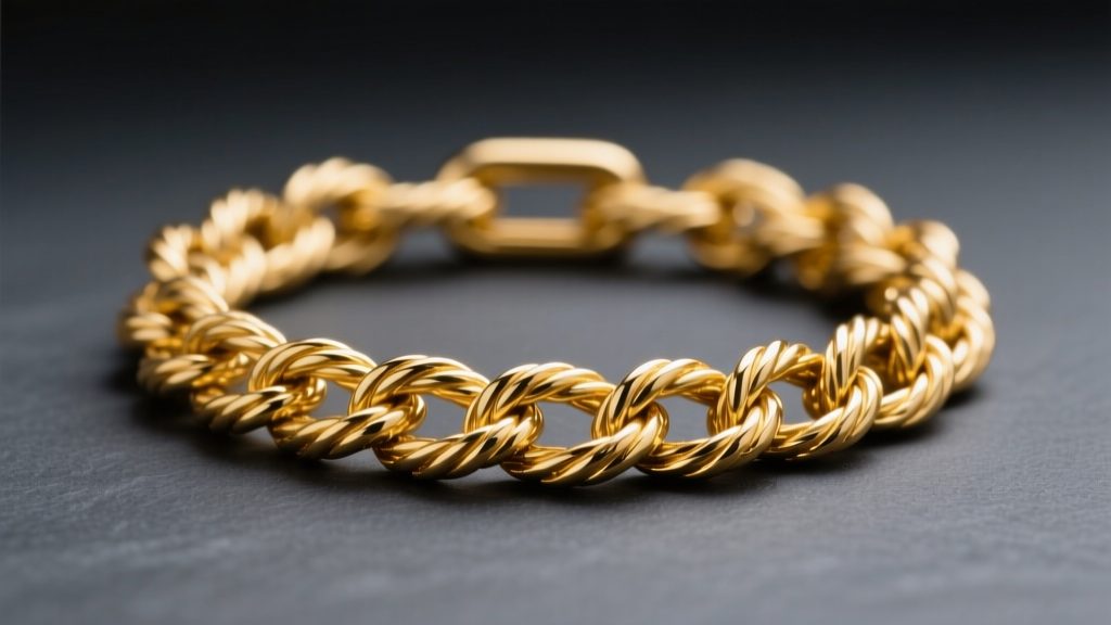 Close-up of a tangled 18k yellow gold rope chain on a dark slate surface, illuminated by soft, directional studio lighting.