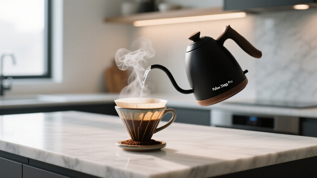 Matte black Fellow Stagg EKG Pro smart kettle pouring steaming water into a ceramic V60 pour-over dripper on a marble kitchen island