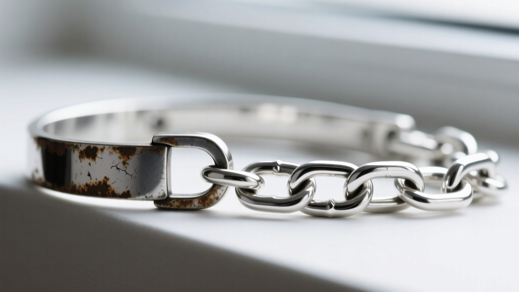 Macro shot comparing a tarnished standard sterling silver choker clasp beside a bright, untarnished Argentium silver chain link