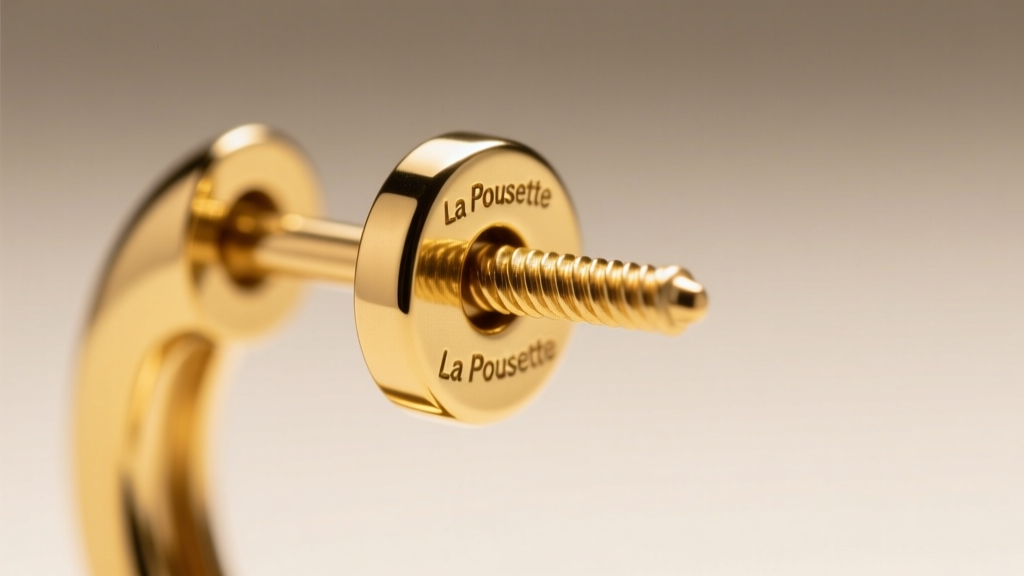 Close-up macro shot of a 14k yellow gold La Pousette earring back locking onto a threaded post, studio lighting, sharp focus.