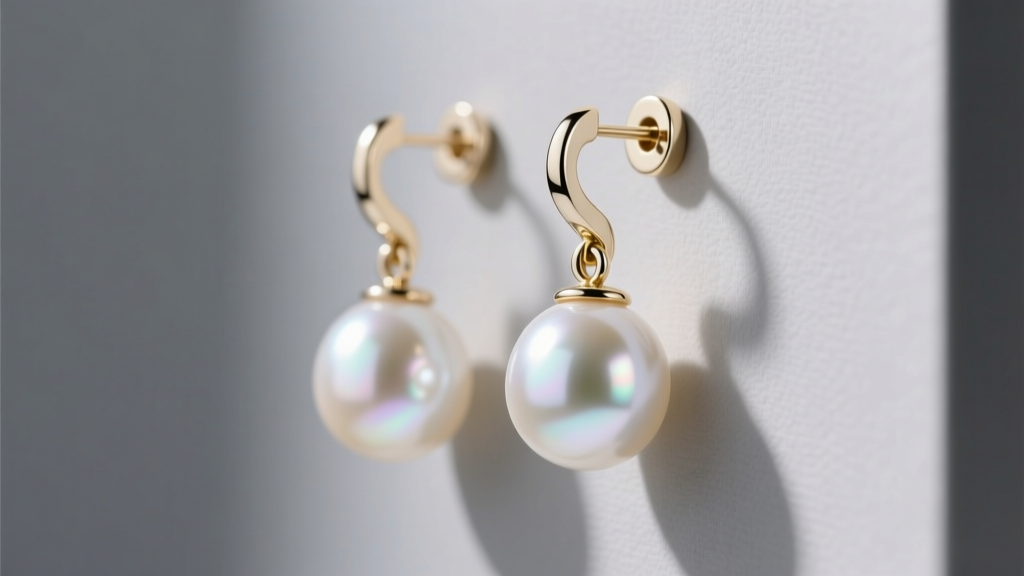 Side view of 18k white gold pearl drop earrings with secure omega back clasps, worn against a muted grey formal background.