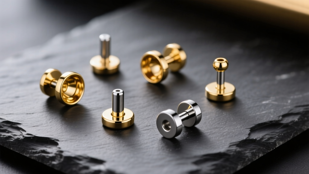 Flat lay of premium 14k gold and implant-grade titanium threadless piercing jewelry ends scattered on a dark slate surface