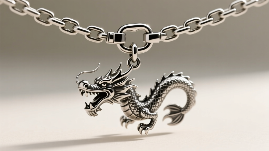 Macro shot of a 2mm stainless steel box chain connecting to secure lobster clasp, with a heavy metal dragon pendant hanging below