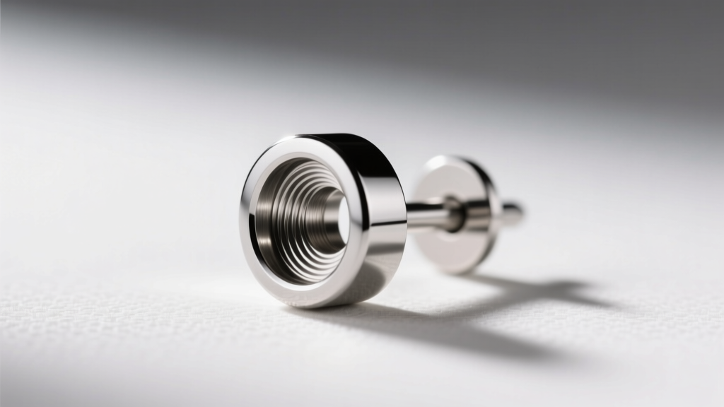 Macro photography of an ASTM F136 titanium flat-back labret stud earring, showing internal threading and mirror-polished finish