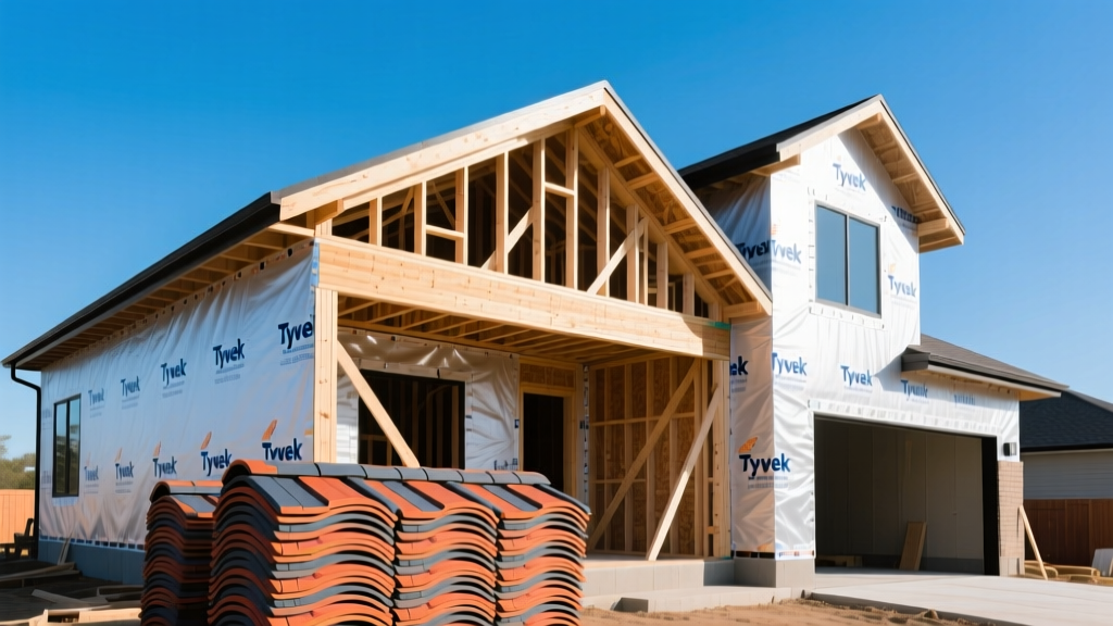 Wide shot of a residential home under construction showing exposed wood framing, Tyvek house wrap, and stacked roofing shingles on a clear day