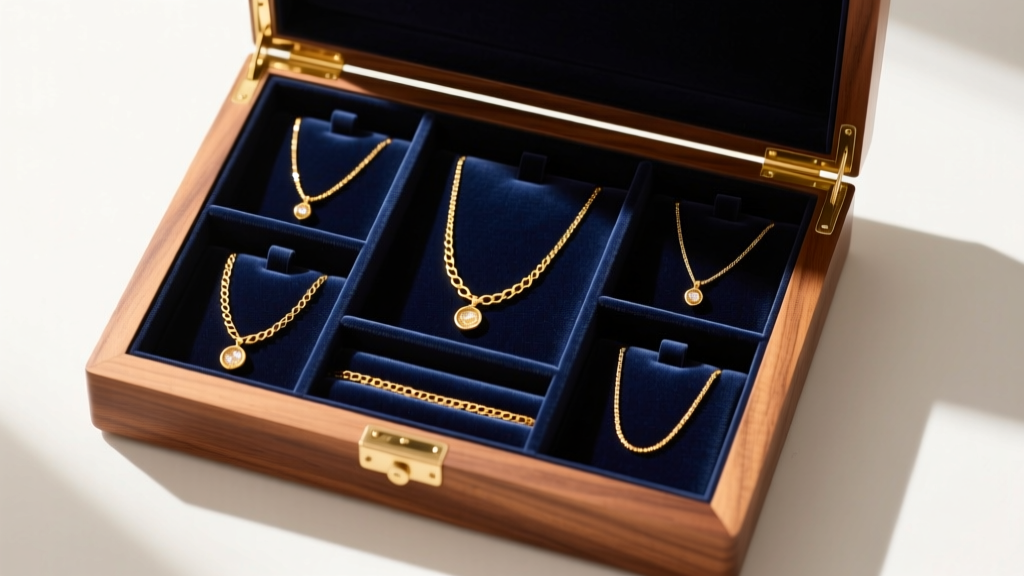 Overhead view of a neatly organized velvet-lined wooden jewelry box with separate compartments for delicate gold chain necklaces.