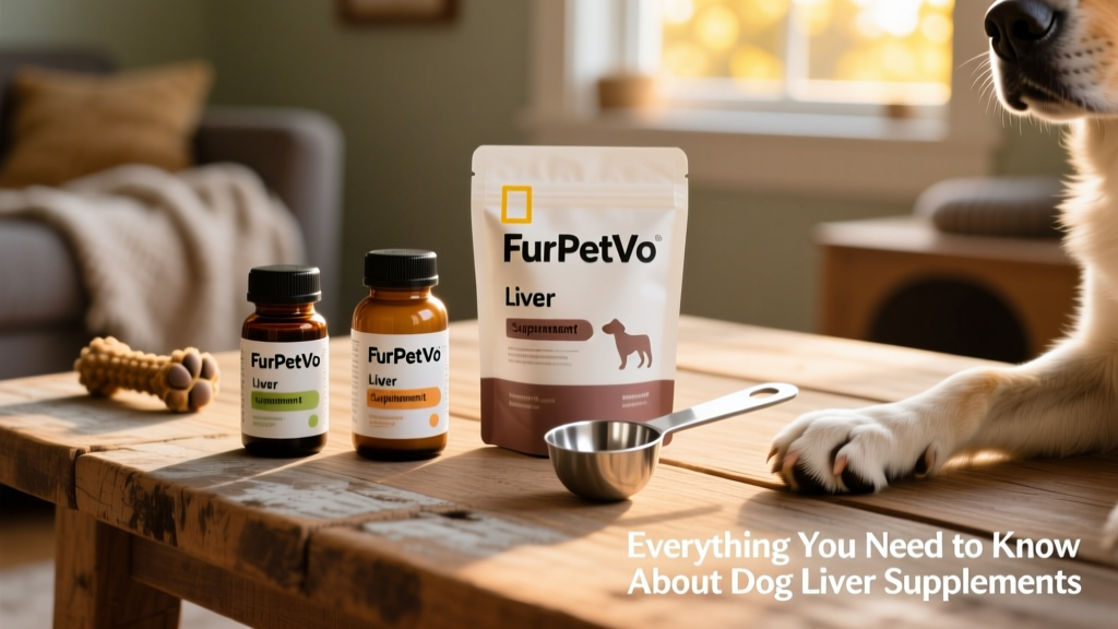 Three FurPetVo liver supplement packages—small, medium, and large dog formulas—arranged neatly beside a measuring scoop and a dog’s paw resting gently on a wooden surface