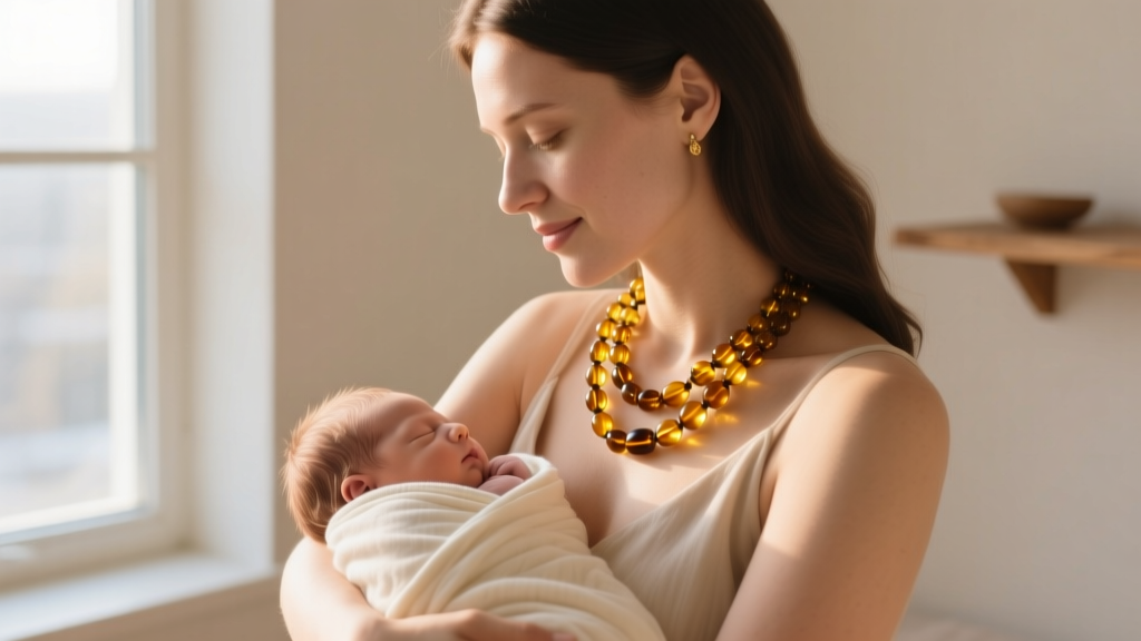 Mother wearing a multi-strand Baltic amber necklace while holding her infant, showcasing the modern parent-worn jewelry trend.