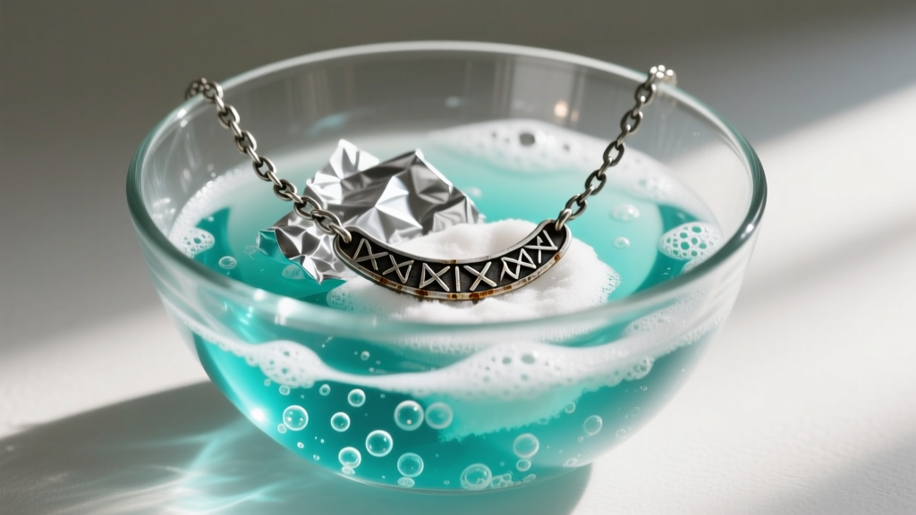 Glass bowl with an electrochemical cleaning bath of aluminum foil, baking soda, and a tarnished silver viking chain necklace.