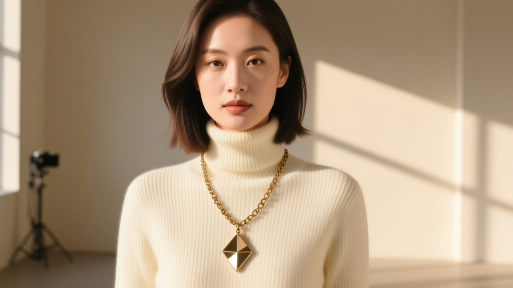 Woman wearing a layered antique brass chain necklace with a geometric pendant over a cream turtleneck sweater in natural daylight.
