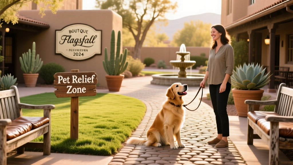 A sunlit courtyard at a Flagstaff hotel with a paved path, benches, and a small grassy area marked as a pet relief zone