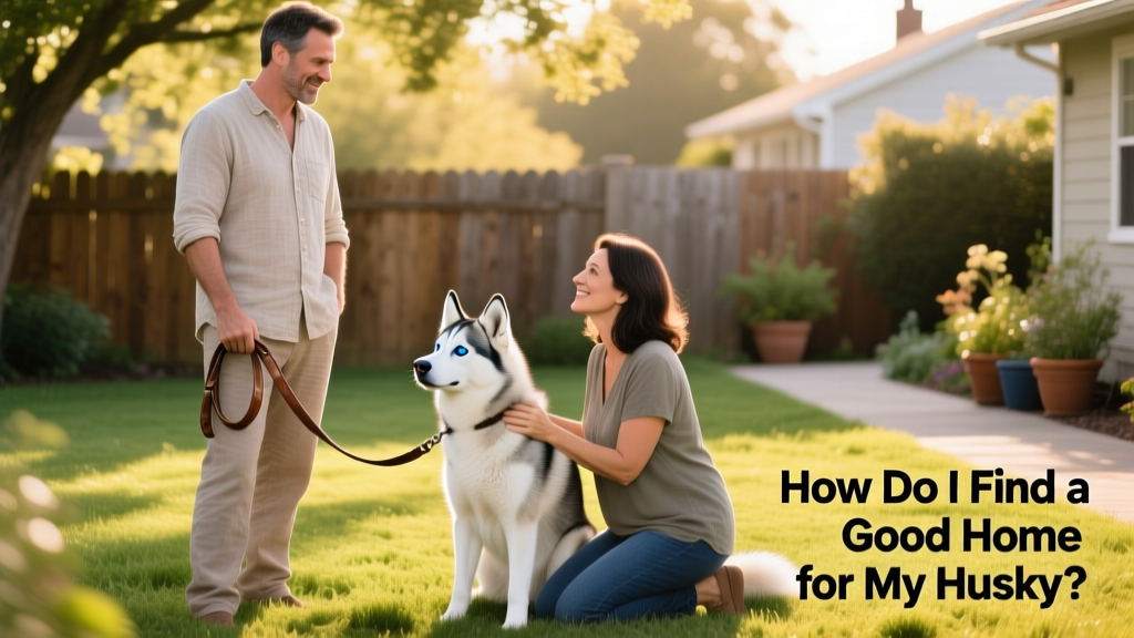 Two people—one holding a leash, the other kneeling gently beside a calm Husky—during a supervised meet-and-greet in a quiet backyard