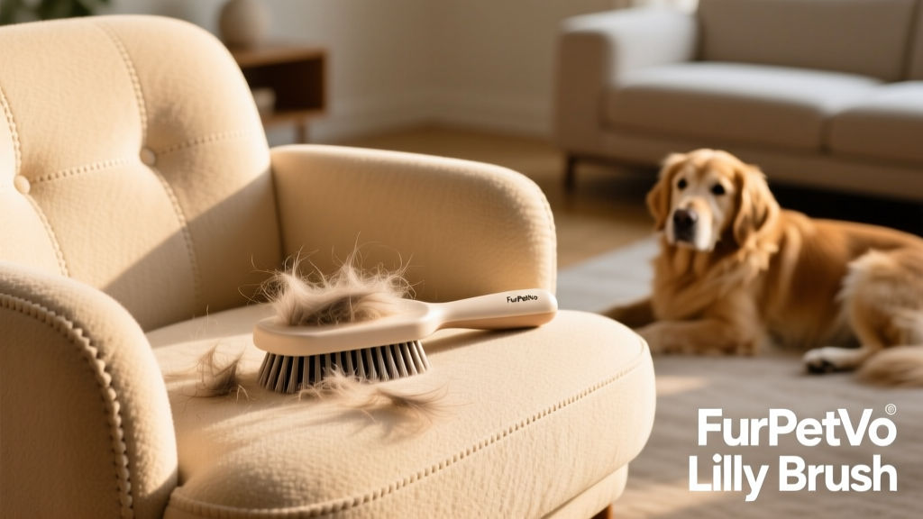 FurPetVo Lilly Brush being used on a plush armchair, with visible hair gathered on the bristles