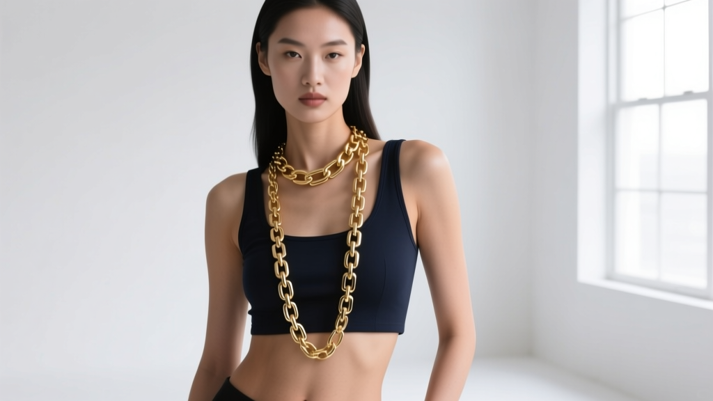 Model wearing a gold box chain stomach necklace over a dark crop top, highlighting the long drape resting on the bare midriff