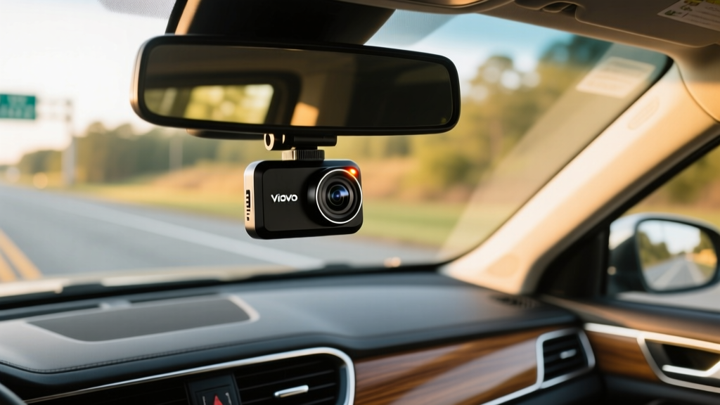 Close-up of a Viofo A229 Plus dashcam mounted behind the rearview mirror of a sedan driving down US-521 in Camden.