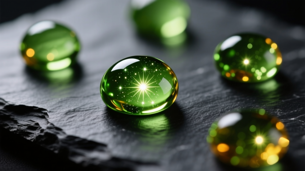 Macro shot of green amber drops on dark slate, revealing internal sun spangles under soft, warm directional studio lighting.