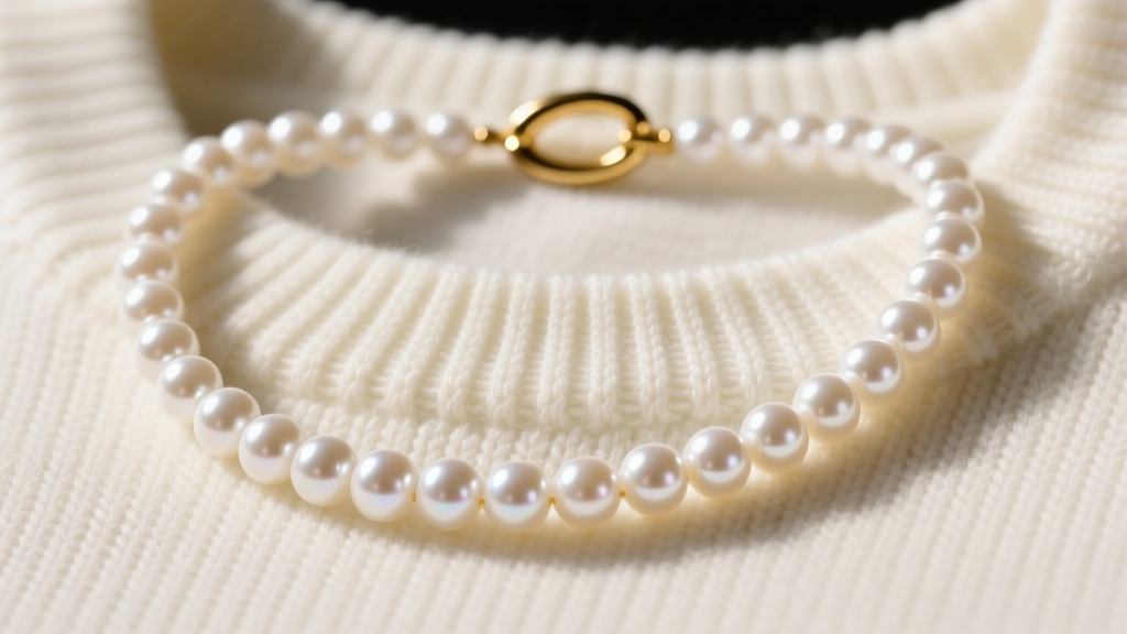 Close-up of a 7mm white Akoya pearl strand necklace with a gold clasp draped over a cream cotton crewneck tennis sweater.