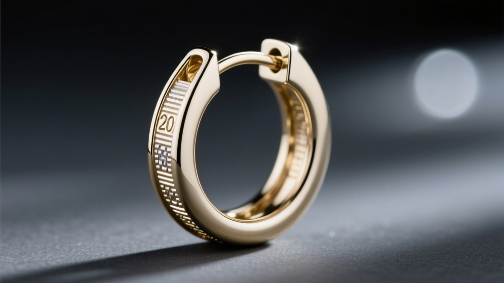 Macro shot of 20-gauge 10k white gold hoop earring hinge mechanism, showing secure clicker closure against dark blurred backdrop