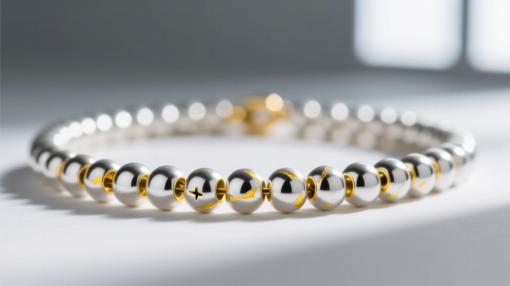 Macro shot of a white gold bead necklace showing yellowish alloy peeking through worn rhodium plating near the bead drill holes.