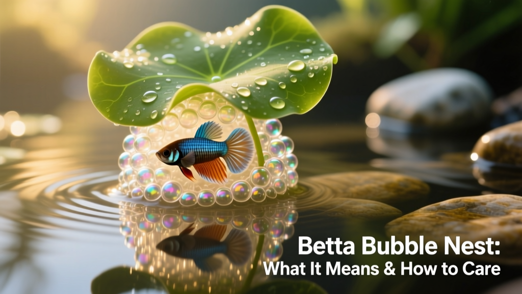 Close-up of a well-formed betta bubble nest floating at the water's surface, nestled beneath a floating plant