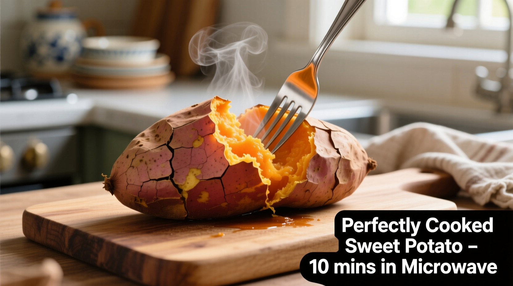 Perfectly cooked microwaved sweet potato with fork