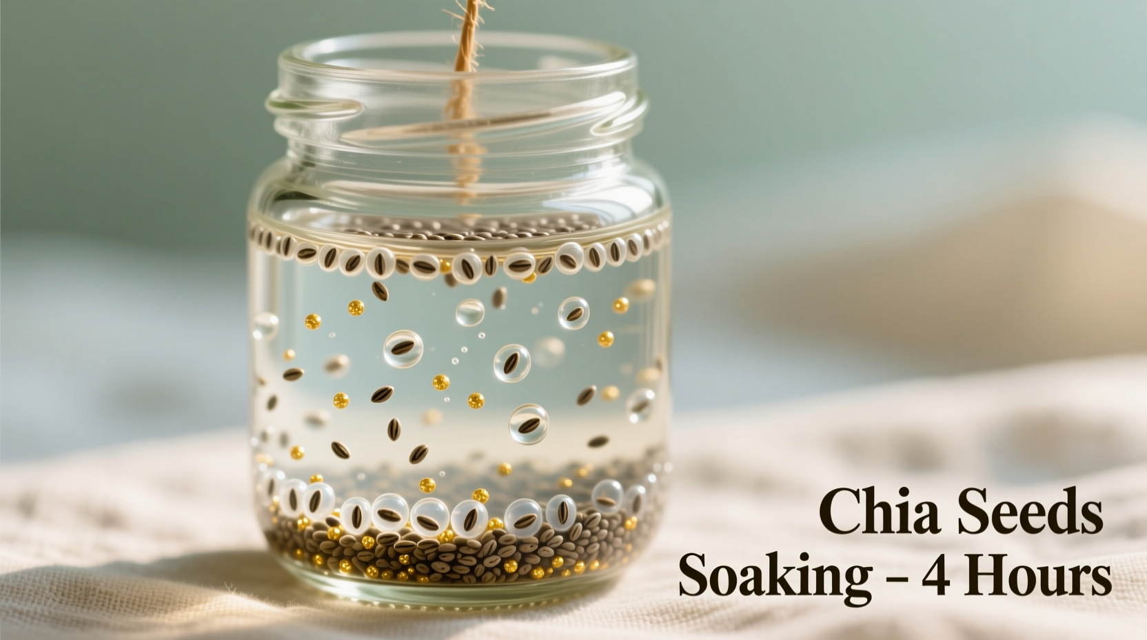 Chia seeds soaking in glass jar with water